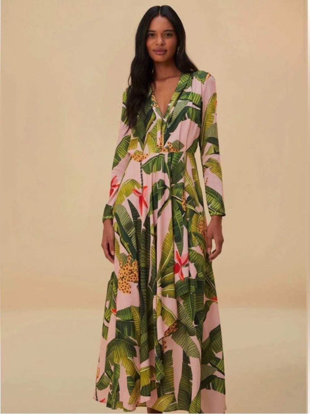 NWT Farm Rio pink banana leaves long sleeve maxi dress, size small